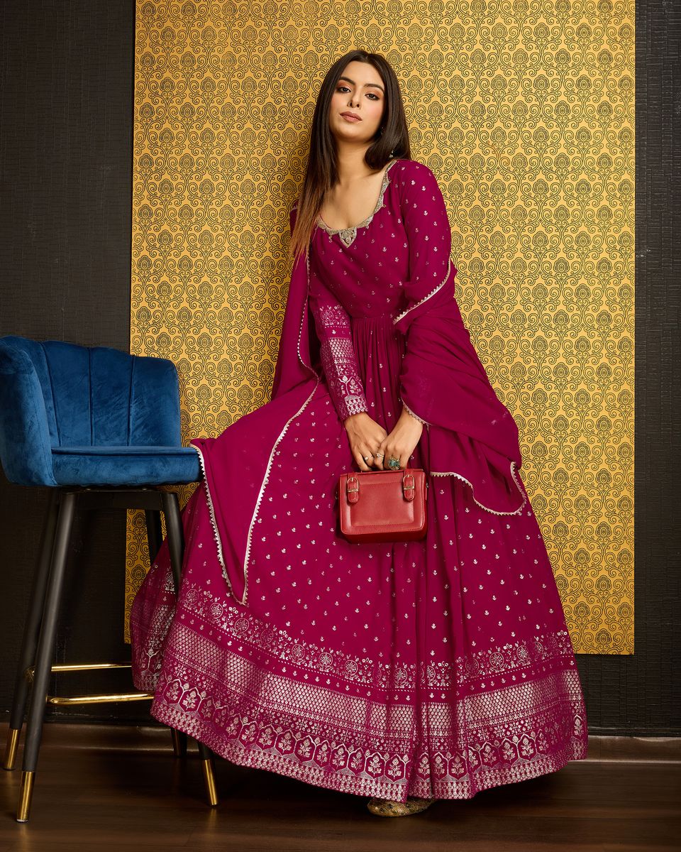 Rani Pink Printed Anarkali Gown With Dupatta