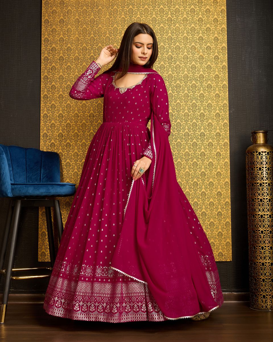 Rani Pink Printed Anarkali Gown With Dupatta