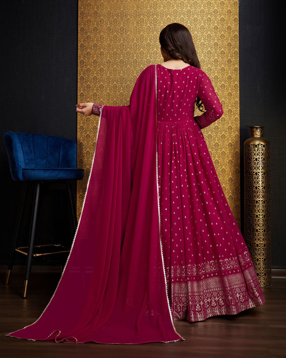 Rani Pink Printed Anarkali Gown With Dupatta