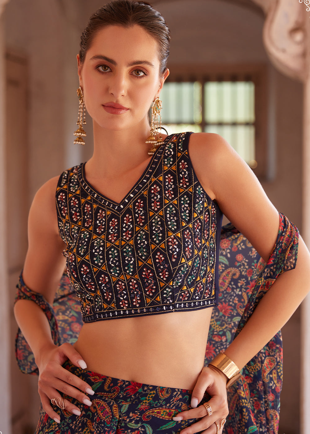 Shades Of Blue Georgette Sharara Choli with Embroidery work - qivii