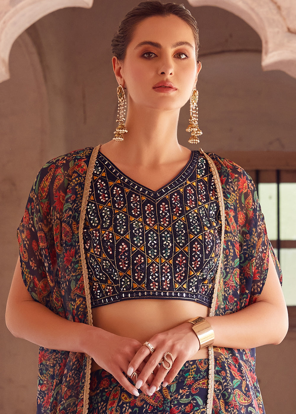 Shades Of Blue Georgette Sharara Choli with Embroidery work - qivii