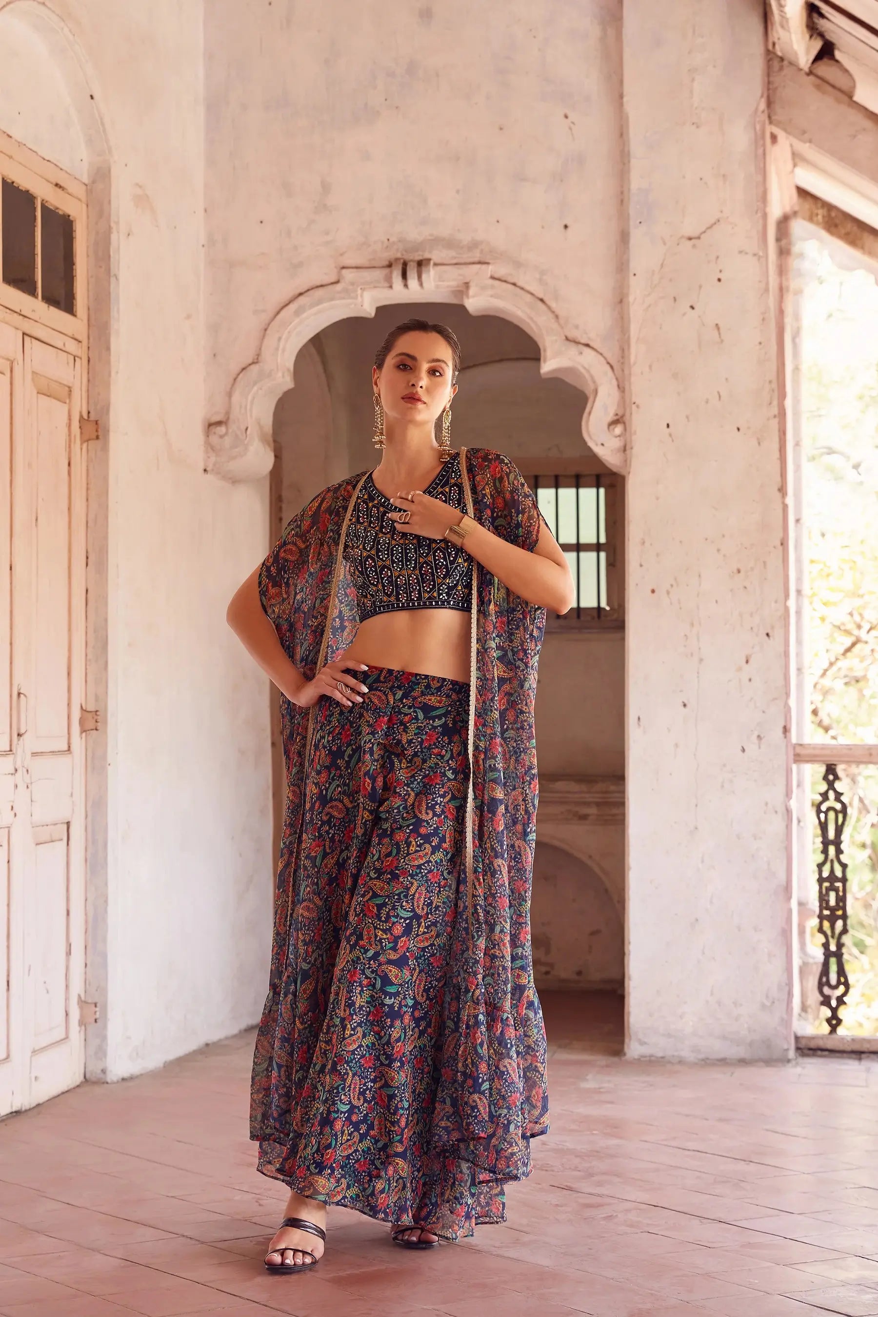 Navy Blue Georgette Hand Embroidered Work Stylish Indo Western Sharara Cap Set - qivii