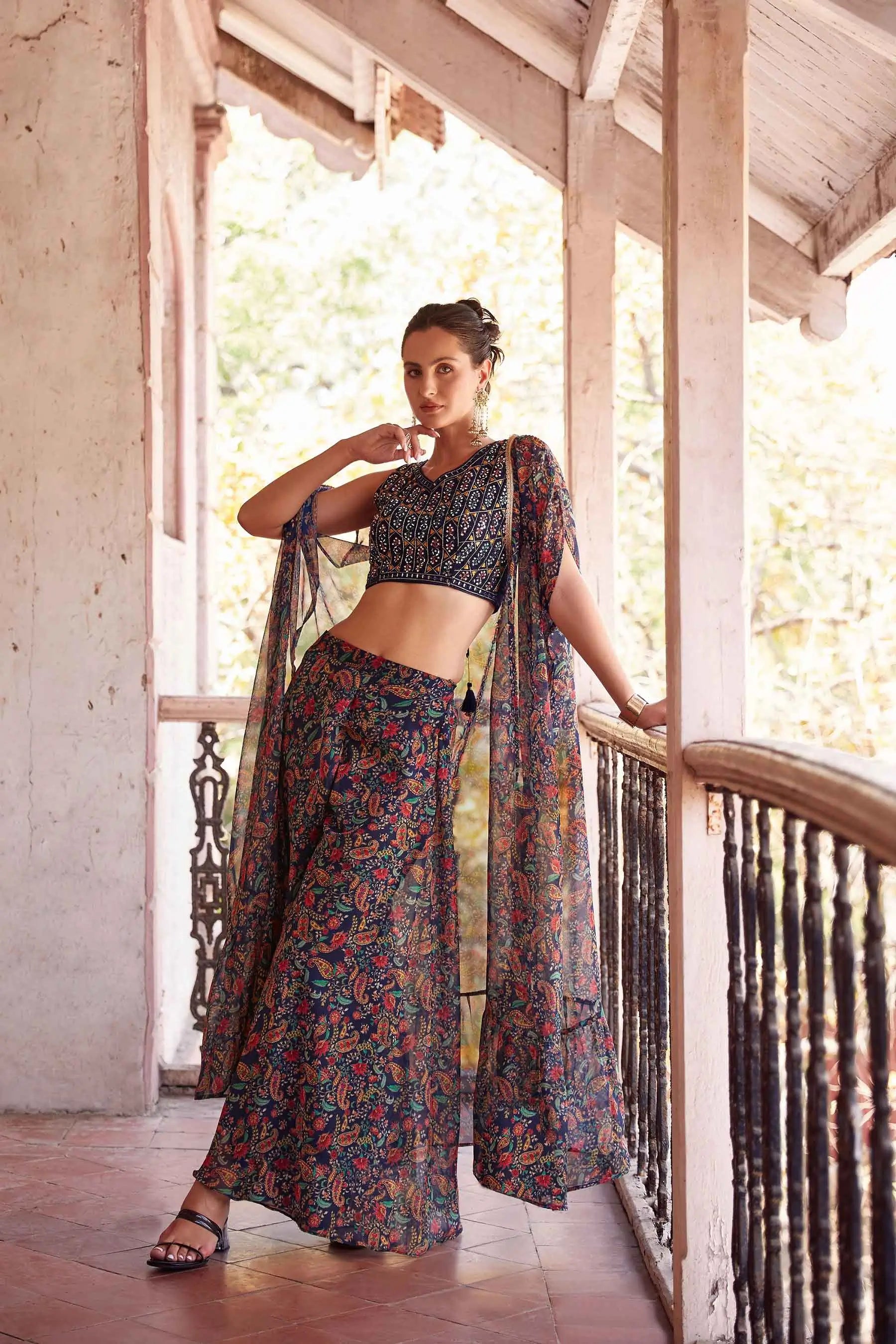 Navy Blue Georgette Hand Embroidered Work Stylish Indo Western Sharara Cap Set - qivii