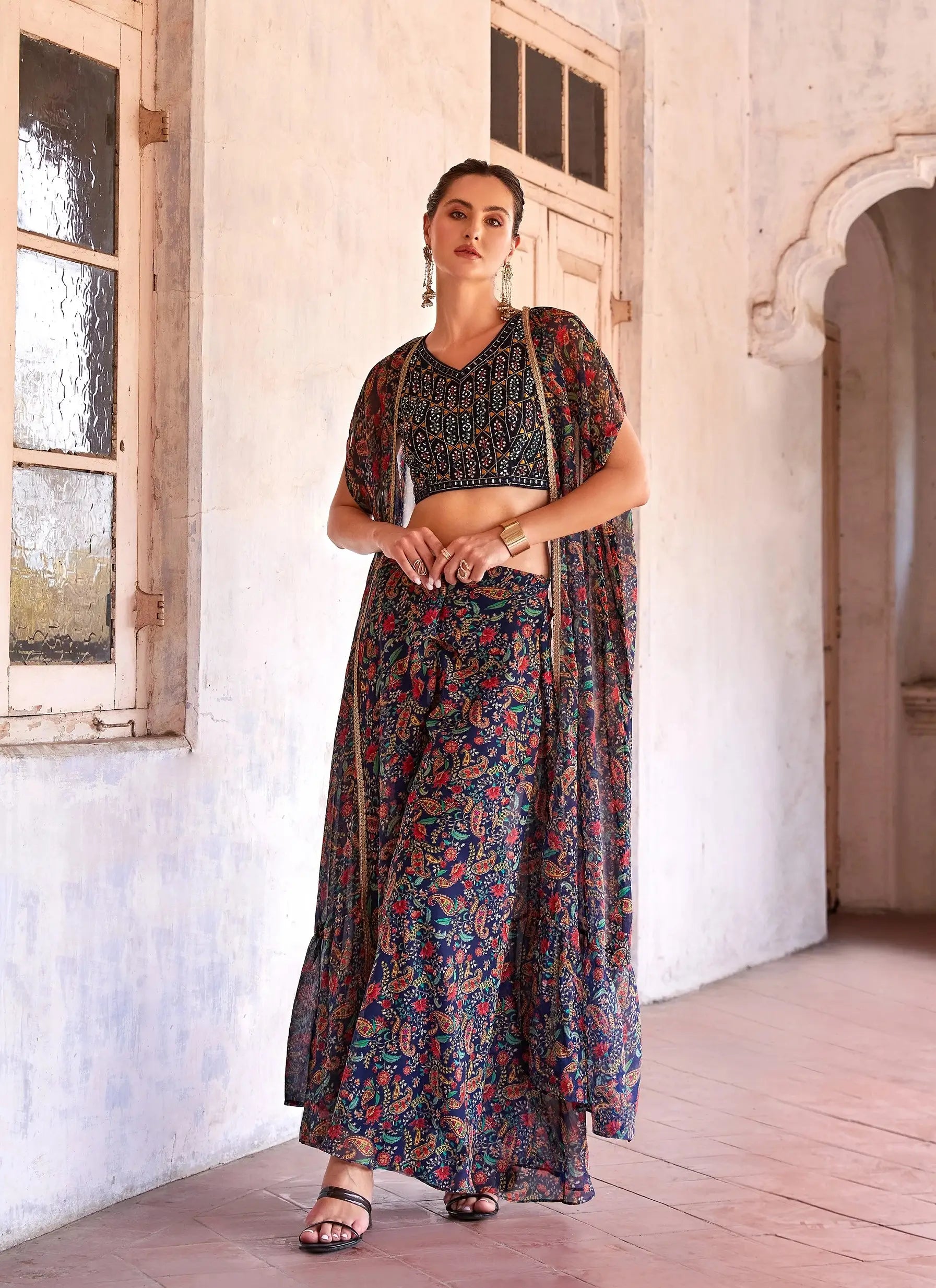 Navy Blue Georgette Hand Embroidered Work Stylish Indo Western Sharara Cap Set - qivii