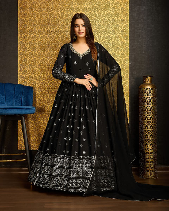 Black Printed Anarkali Gown With Dupatta