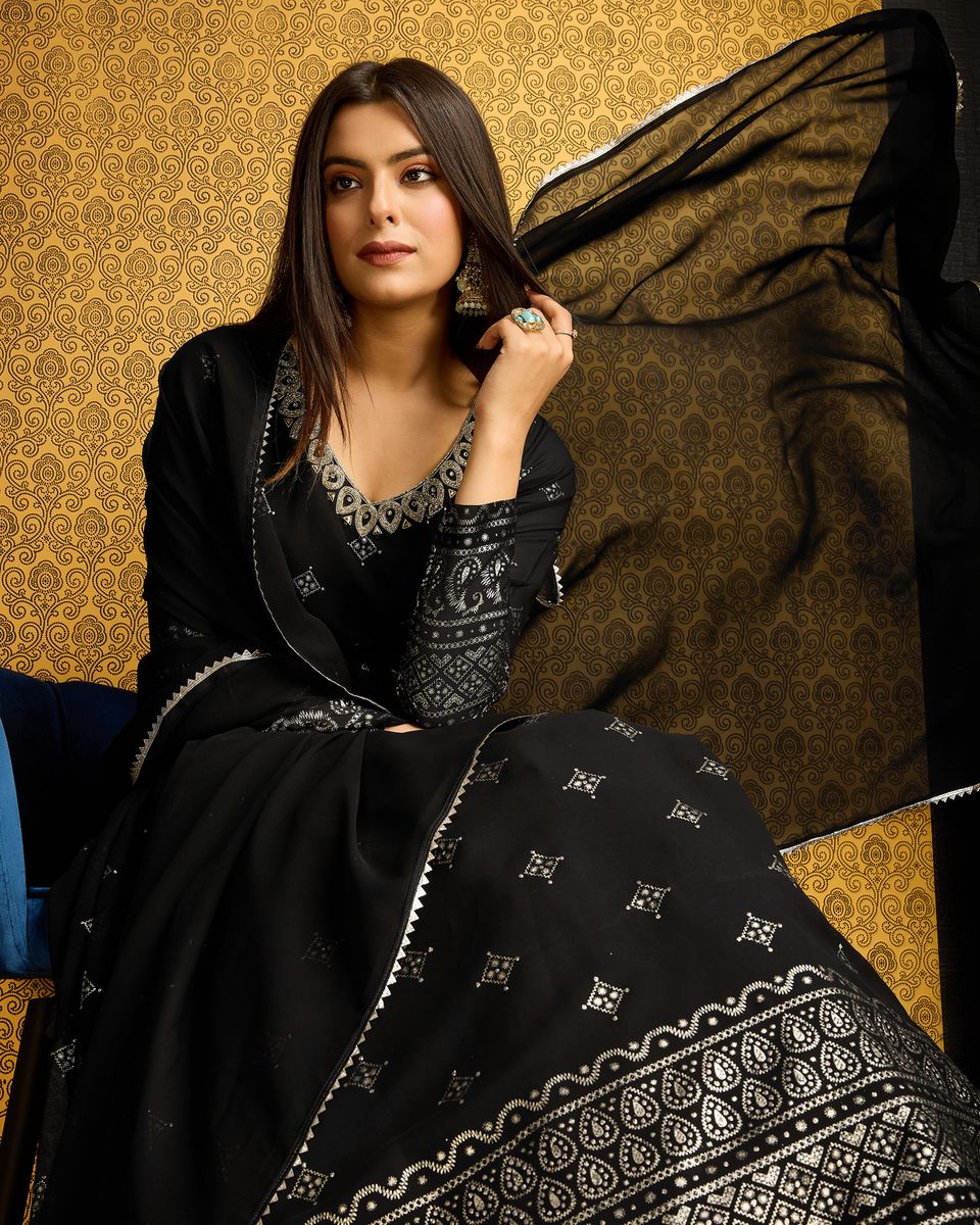 Close up of the intricate print details on the Black Printed Anarkali Gown With Dupatta