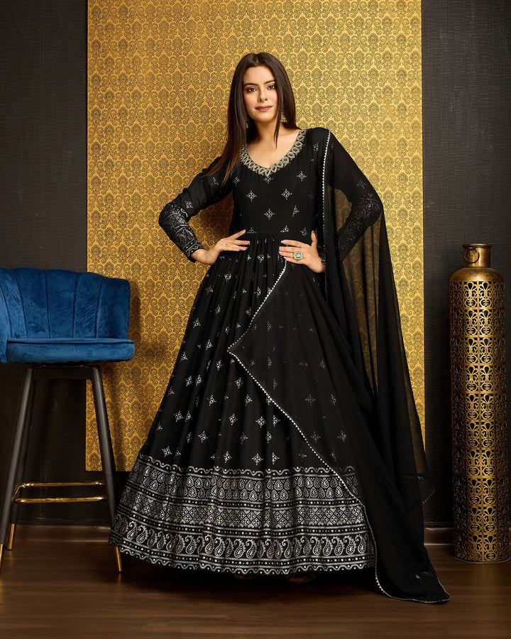 Black Printed Anarkali Gown With Dupatta