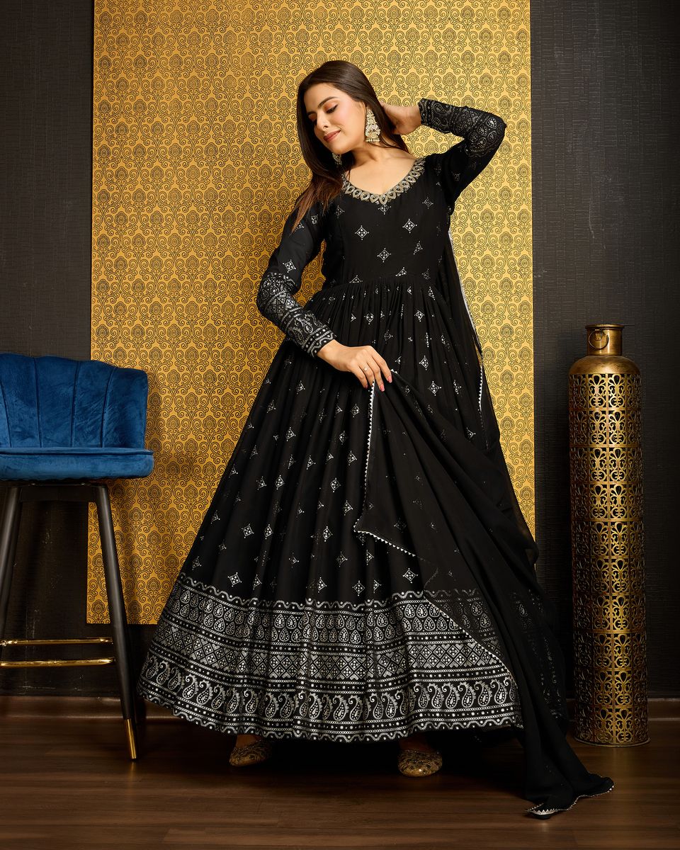 Black Printed Anarkali Gown With Dupatta