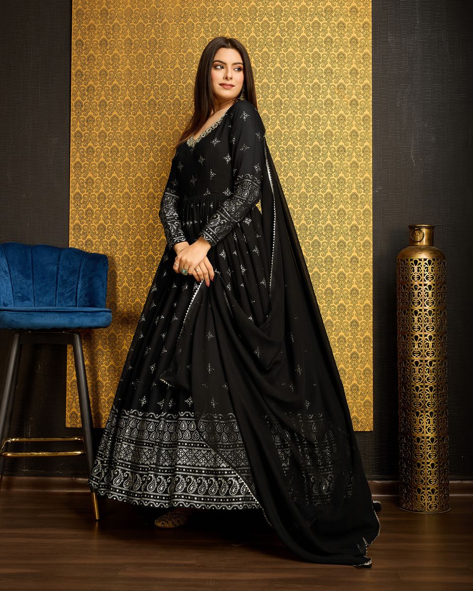 Black Printed Anarkali Gown With Dupatta