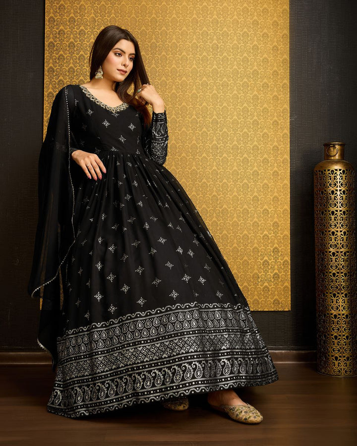 Black Printed Anarkali Gown With Dupatta