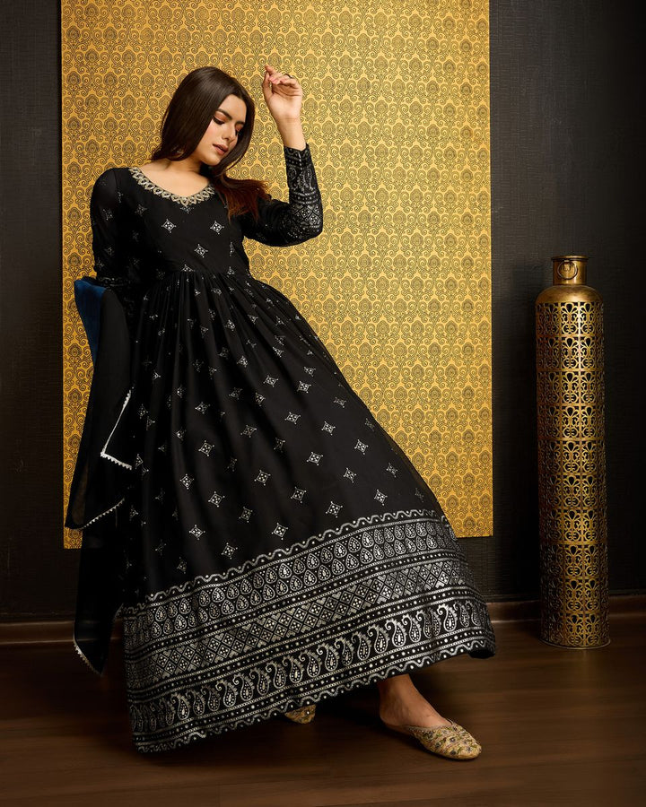 Black Printed Anarkali Gown With Dupatta