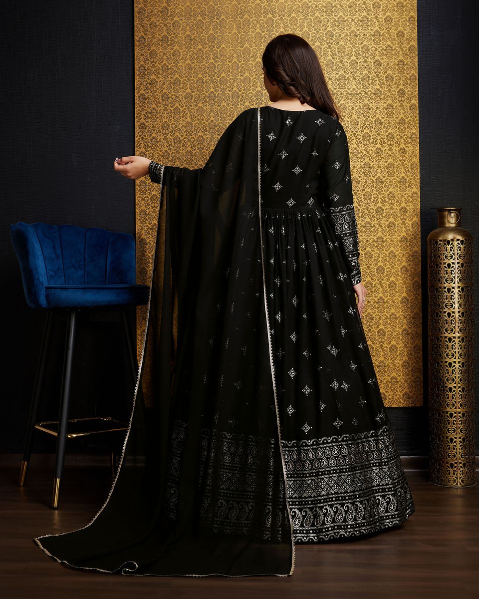 Black Printed Anarkali Gown With Dupatta