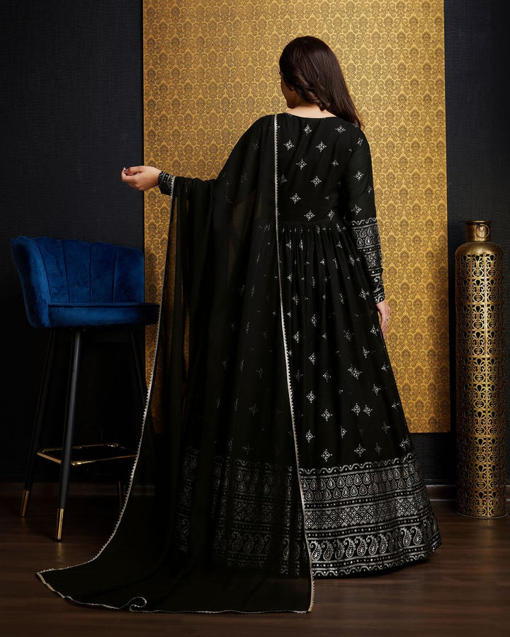 Black Printed Anarkali Gown With Dupatta