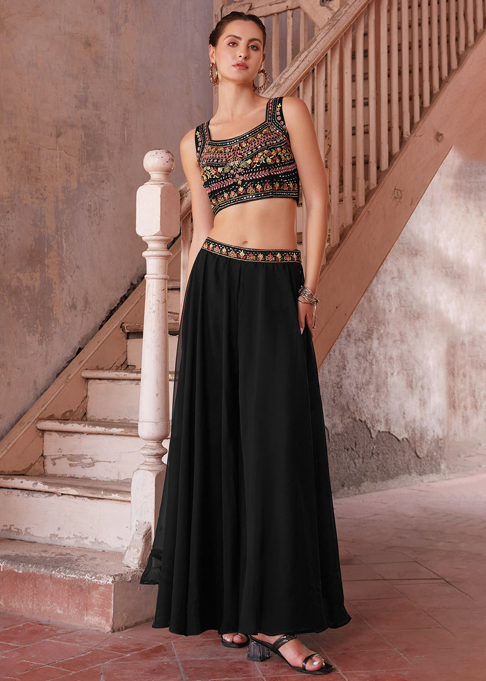 Onyx Black Georgette Sharara Choli with Embroidery work - qivii