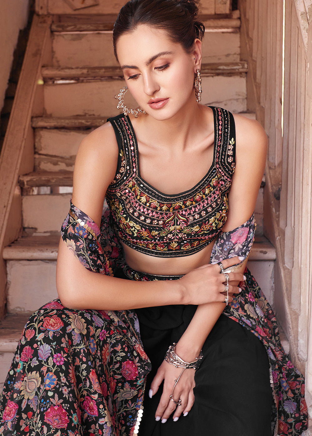 Onyx Black Georgette Sharara Choli with Embroidery work - qivii