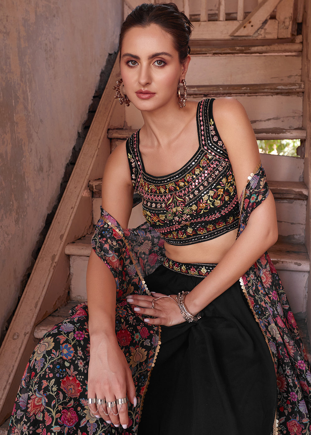 Onyx Black Georgette Sharara Choli with Embroidery work - qivii