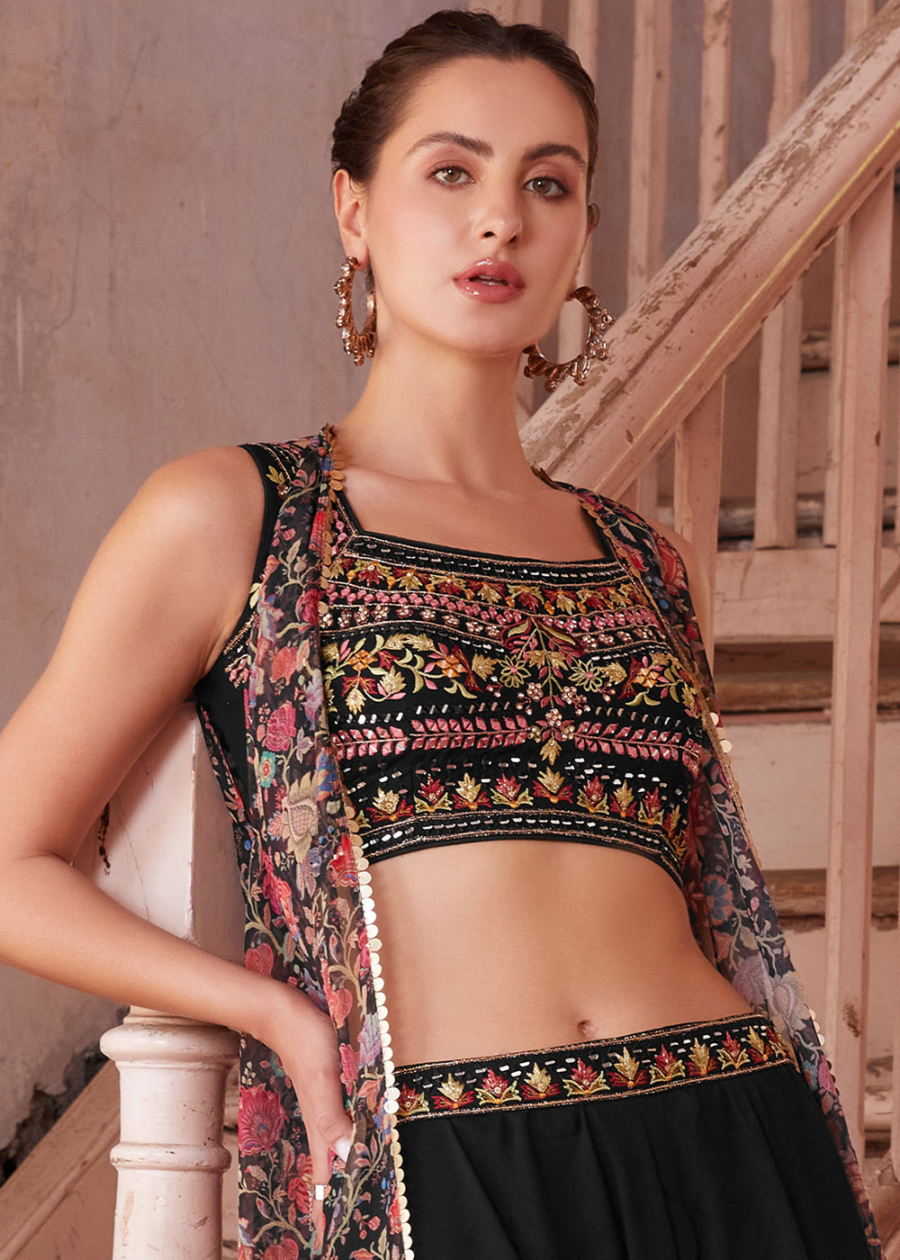 Onyx Black Georgette Sharara Choli with Embroidery work - qivii