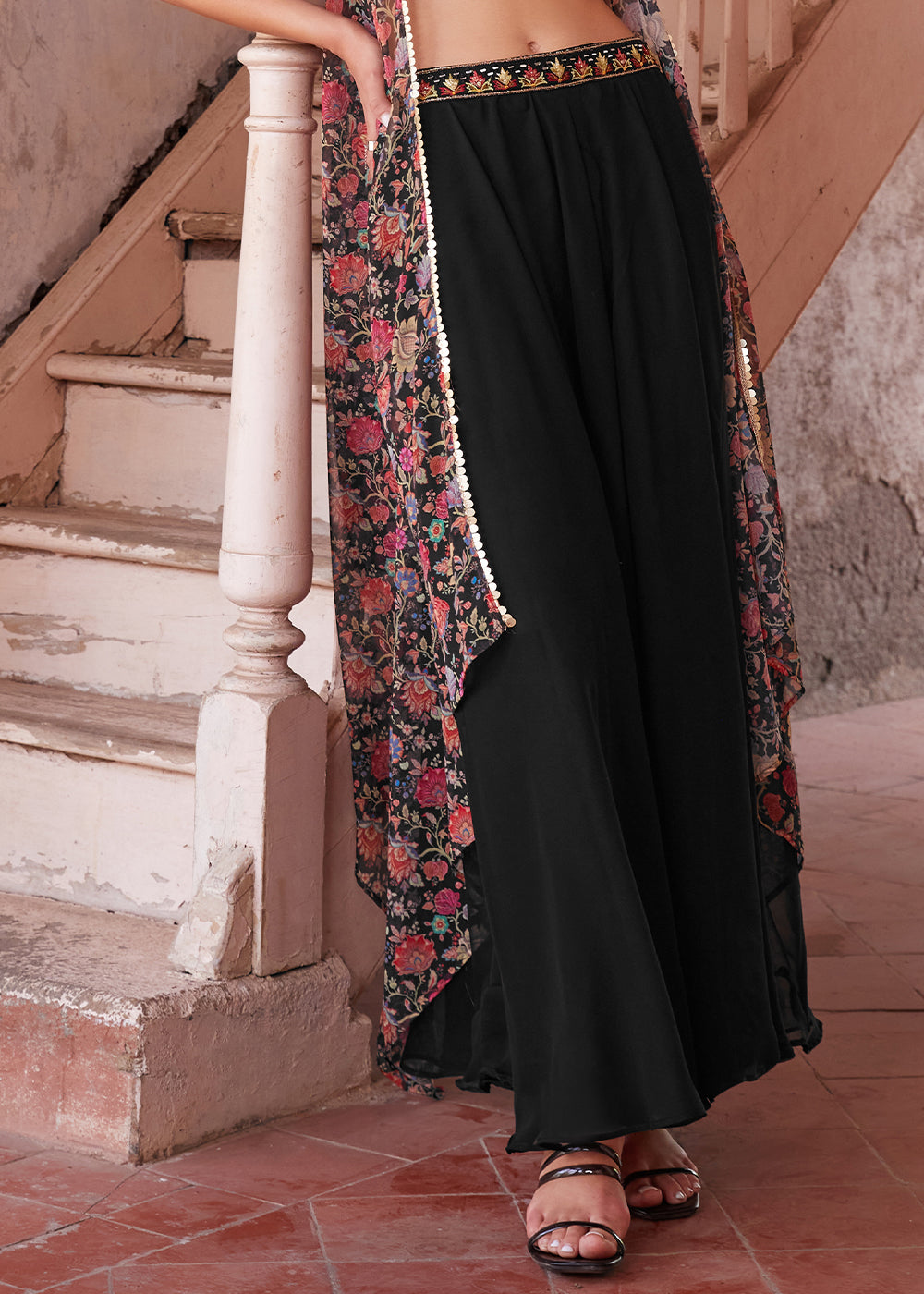 Onyx Black Georgette Sharara Choli with Embroidery work - qivii