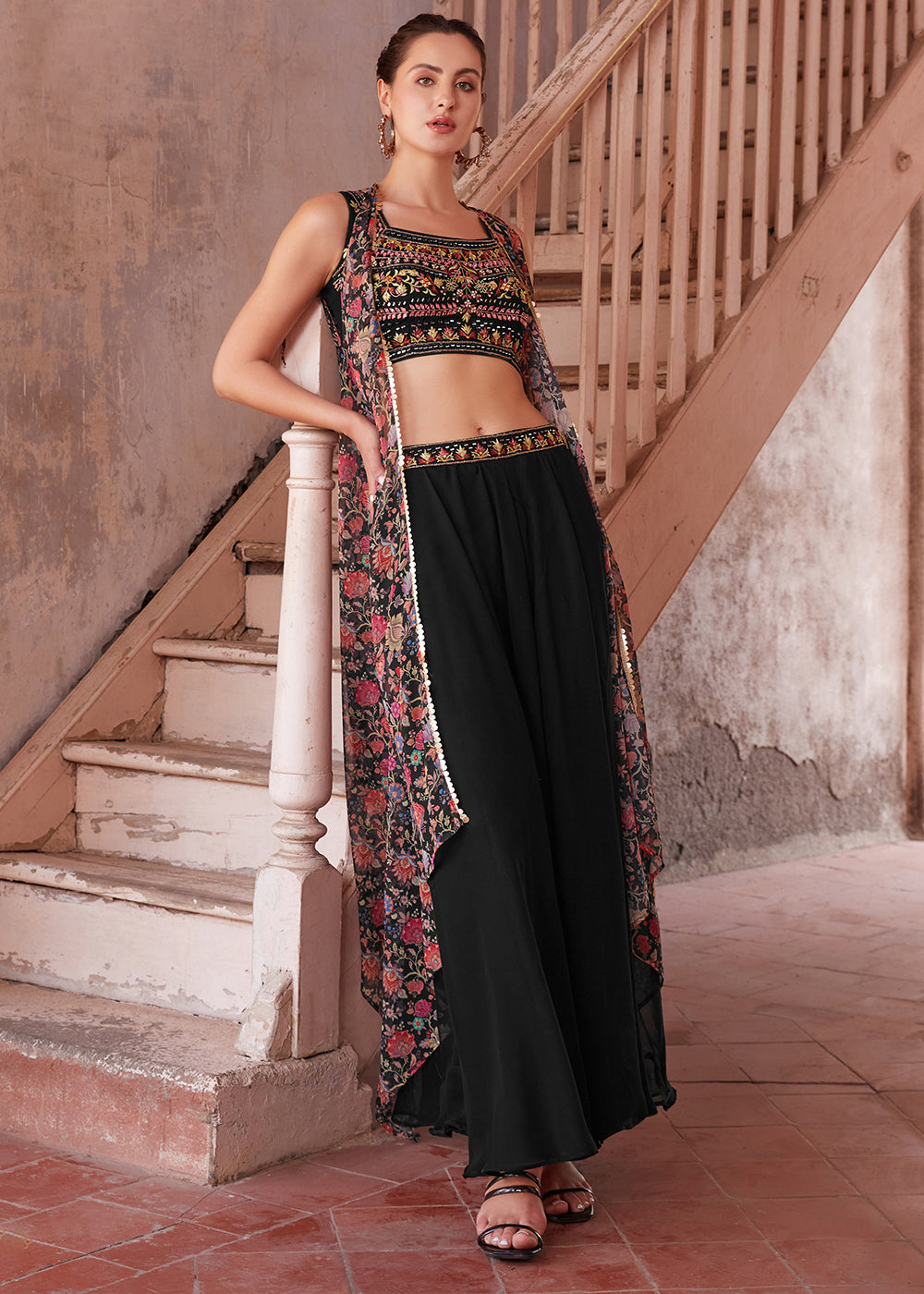 Onyx Black Georgette Sharara Choli with Embroidery work - qivii