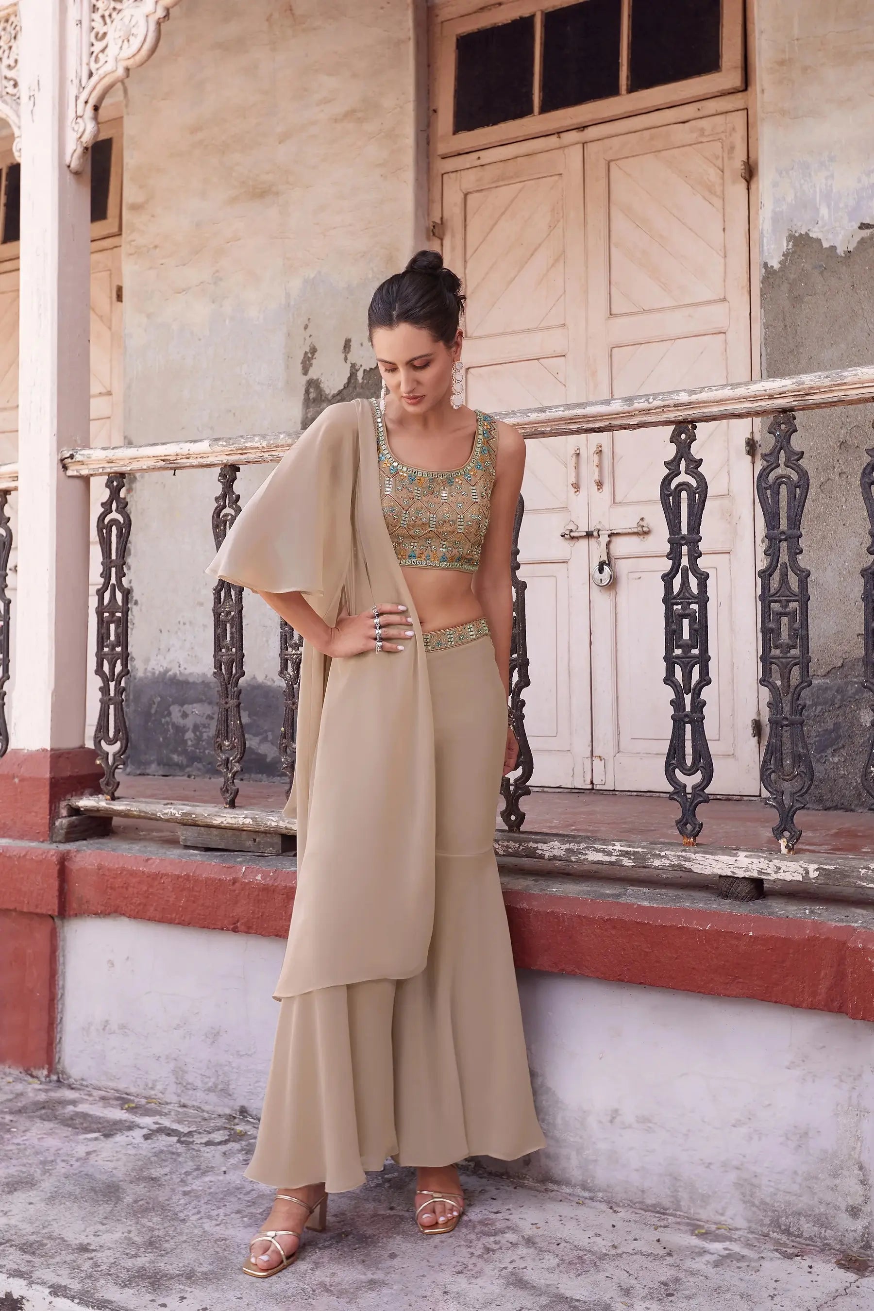 Chiku Hand Embroidered Work Stylish Indo-Western Jacket and Sharara Set - qivii