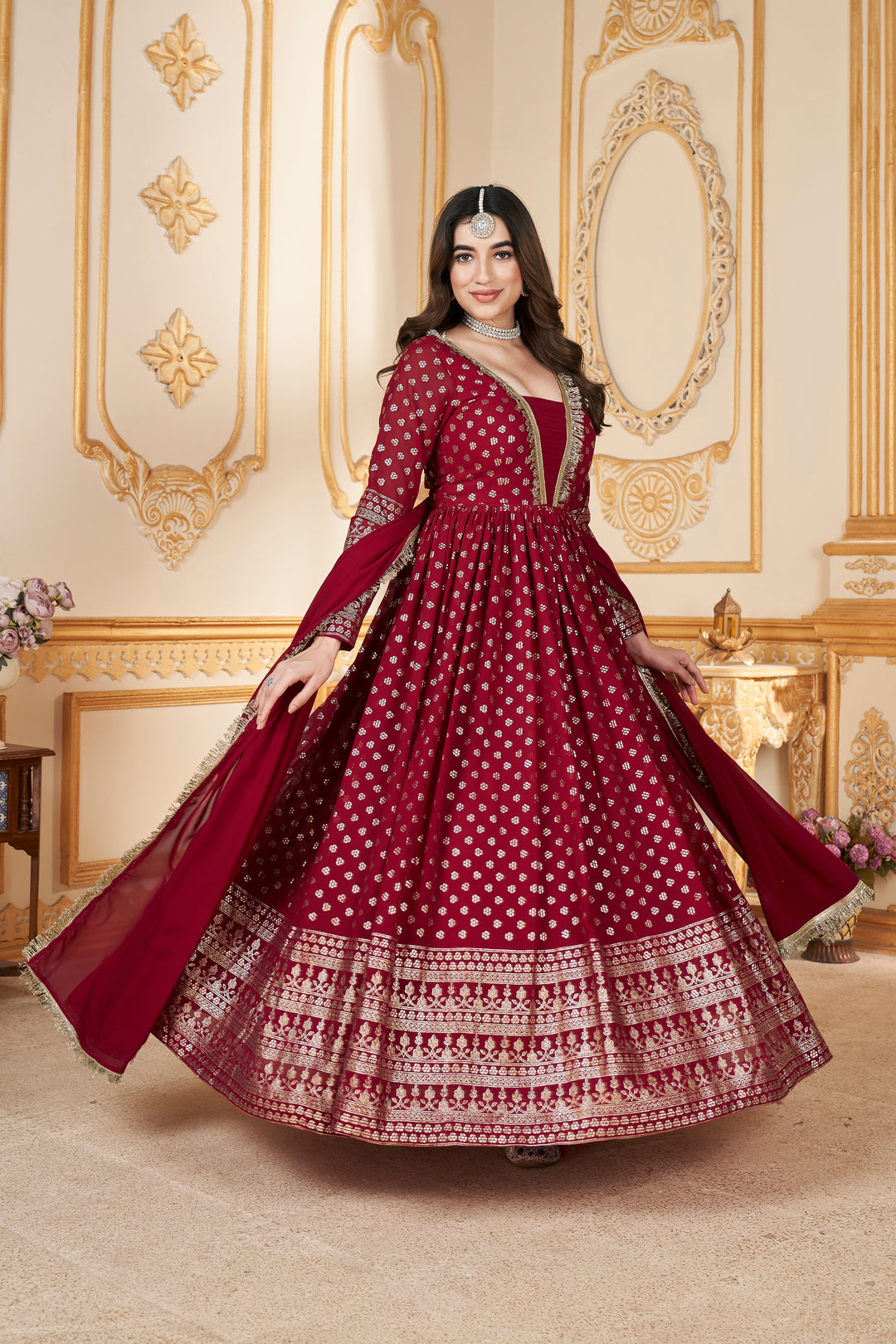 Red Foil Printed Stitched Full Length Gown with Dupatta