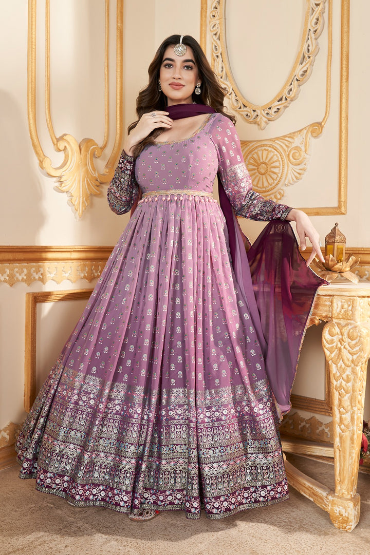 Pink to Magenta Foil Printed Stitched Full Length Gown with Dupatta