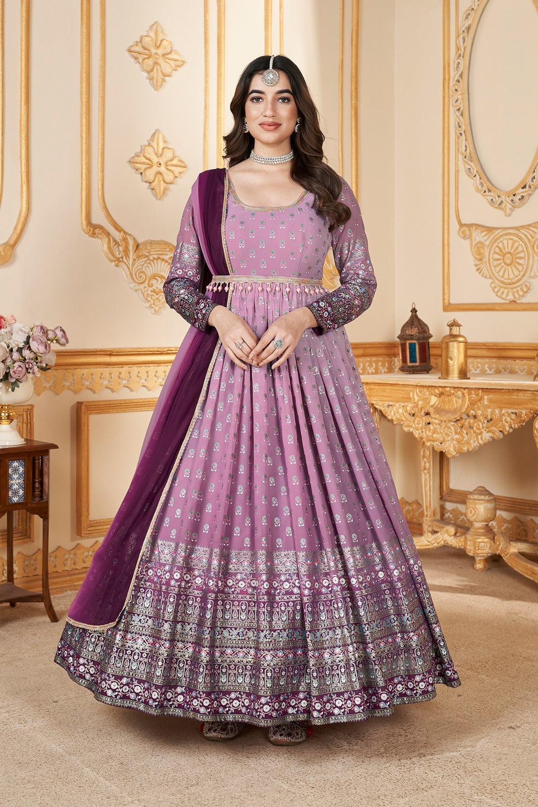 Pink to Magenta Foil Printed Stitched Full Length Gown with Dupatta