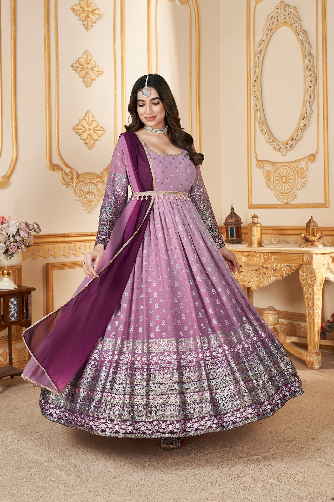 Pink to Magenta Foil Printed Stitched Full Length Gown with Dupatta