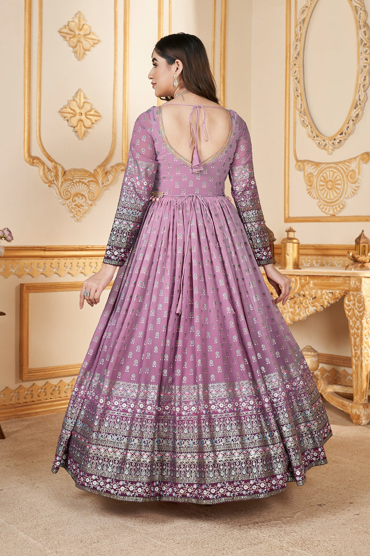 Pink to Magenta Foil Printed Stitched Full Length Gown with Dupatta