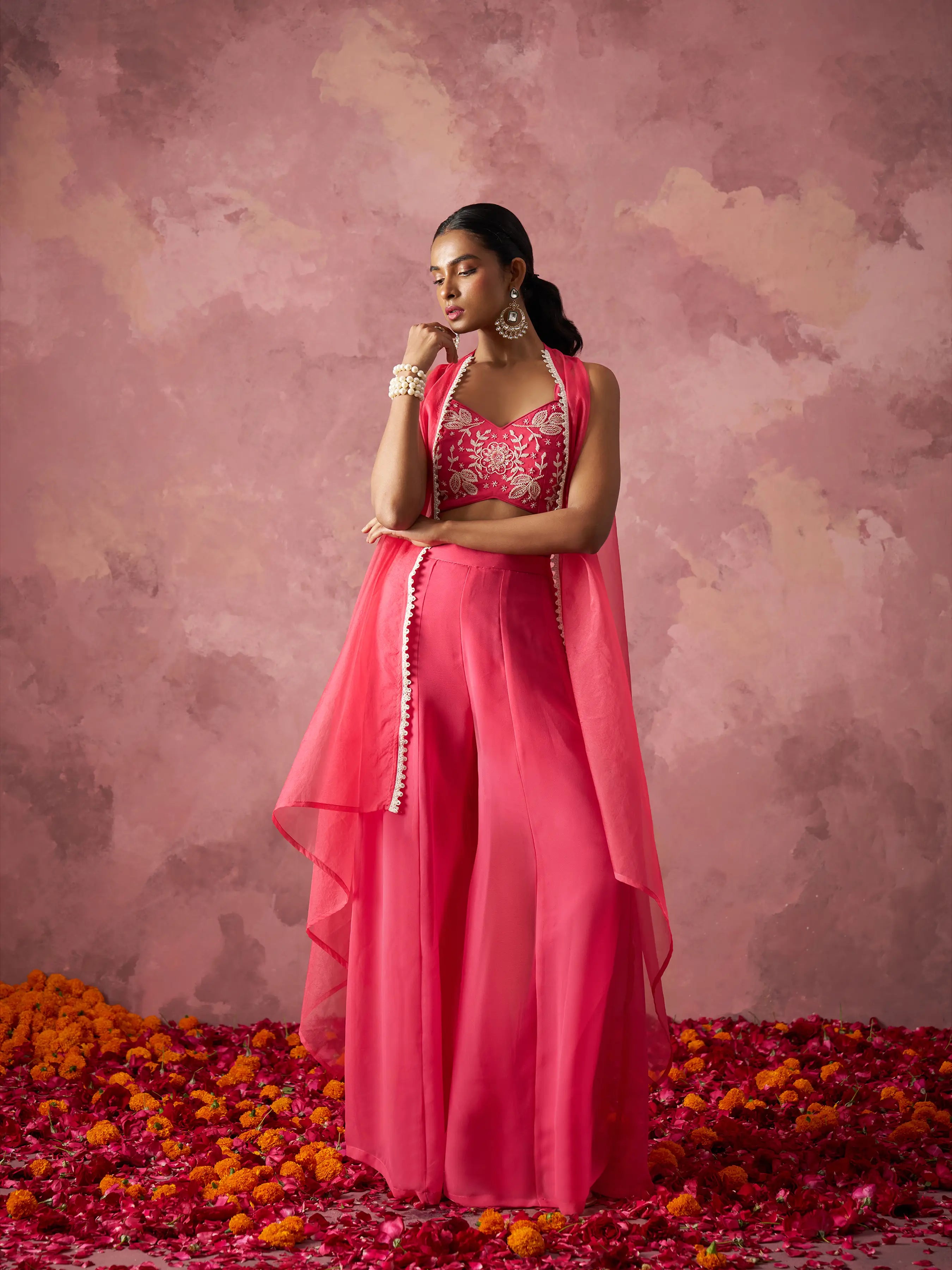 Designer Peach Pink Georgette Indo Western With Hand work And Shrug - qivii