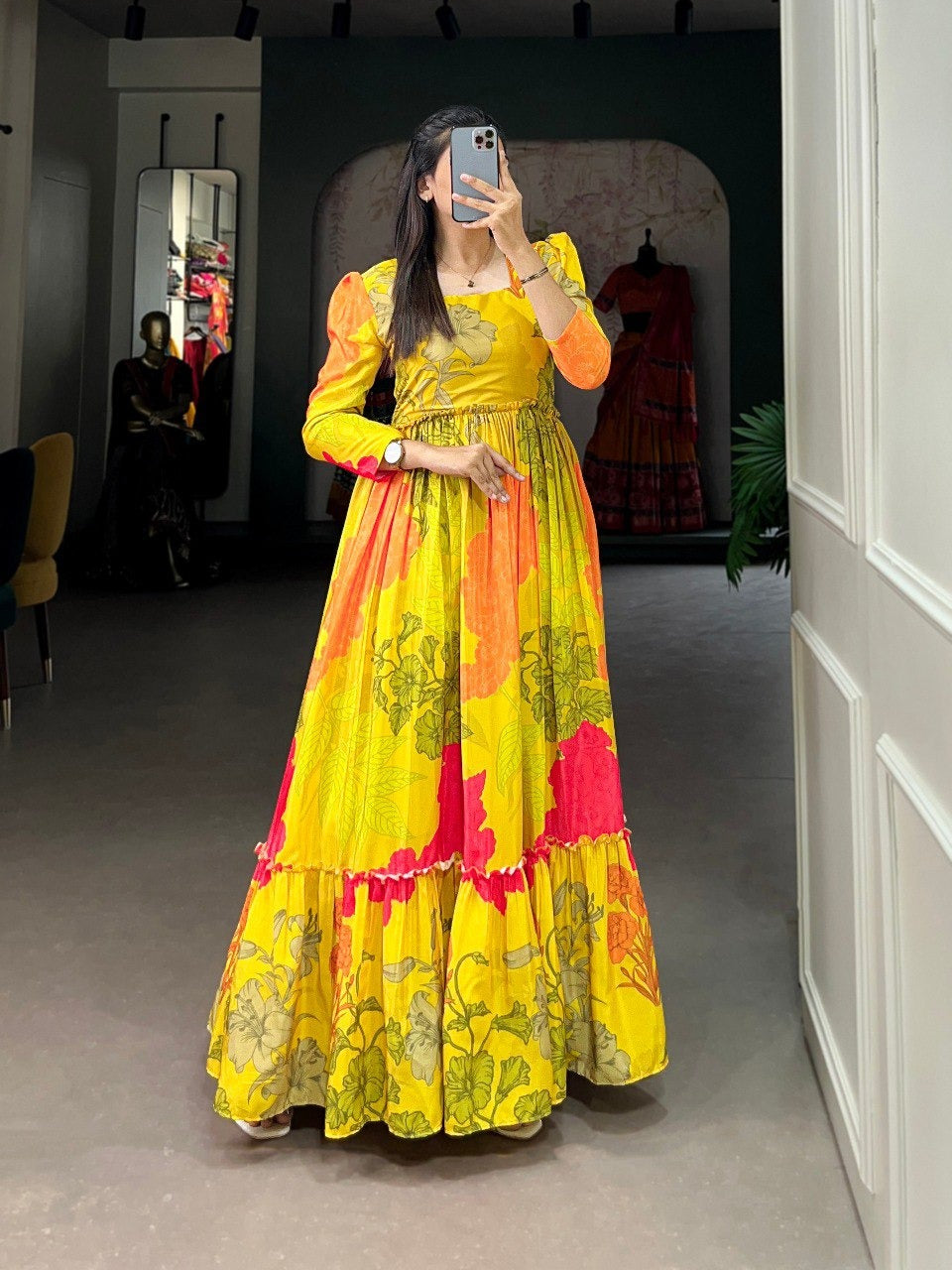 Yellow Silk Crepe Floral print Long Gown