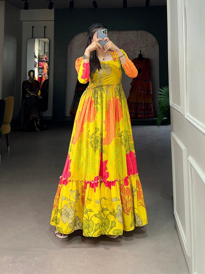 Yellow Silk Crepe Floral print Long Gown