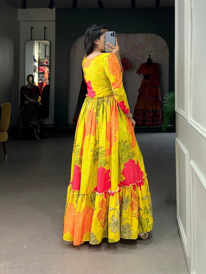 Yellow Silk Crepe Floral print Long Gown