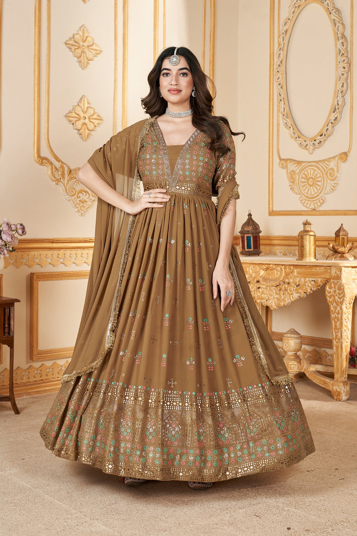 Mustard Yellow Foil Printed Stitched Full Length Gown with Dupatta