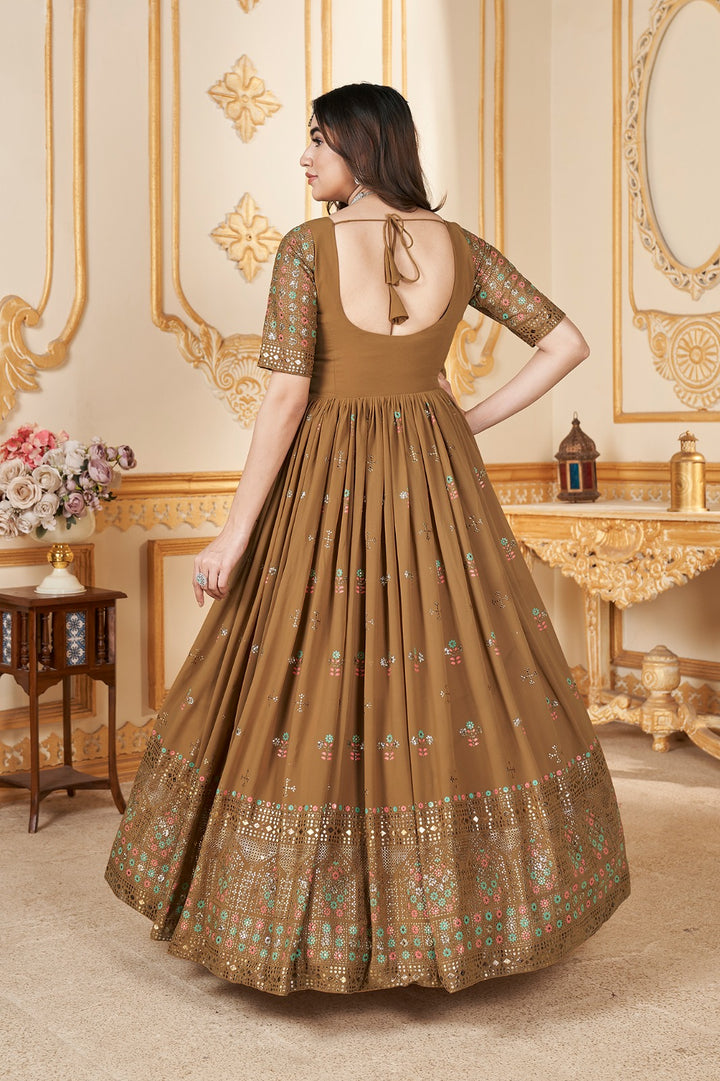 Mustard Yellow Foil Printed Stitched Full Length Gown with Dupatta