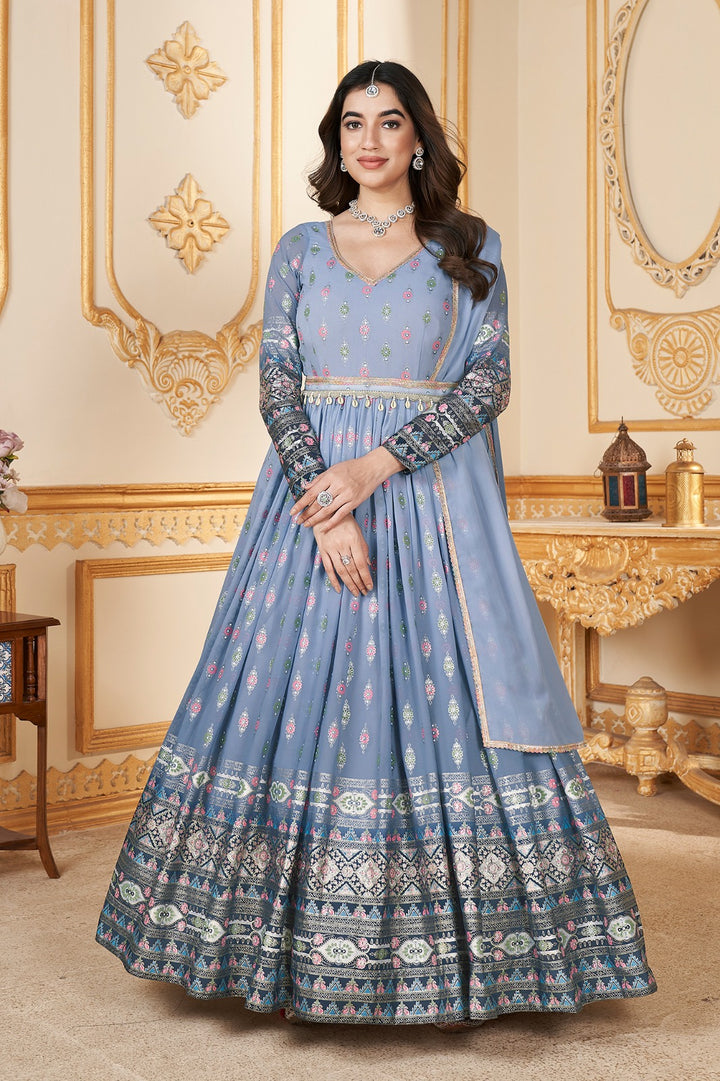 Grey to Navy Foil Printed Stitched Full Length Gown with Dupatta