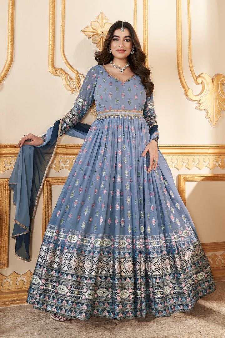 Grey to Navy Foil Printed Stitched Full Length Gown with Dupatta