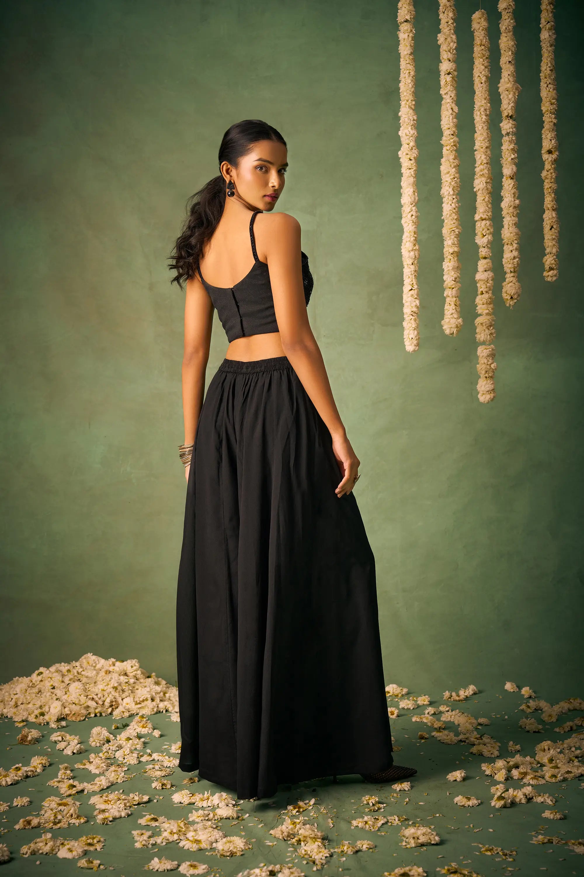 Black Indo Western Khatli Work Blouse With Sharara And Cap - qivii