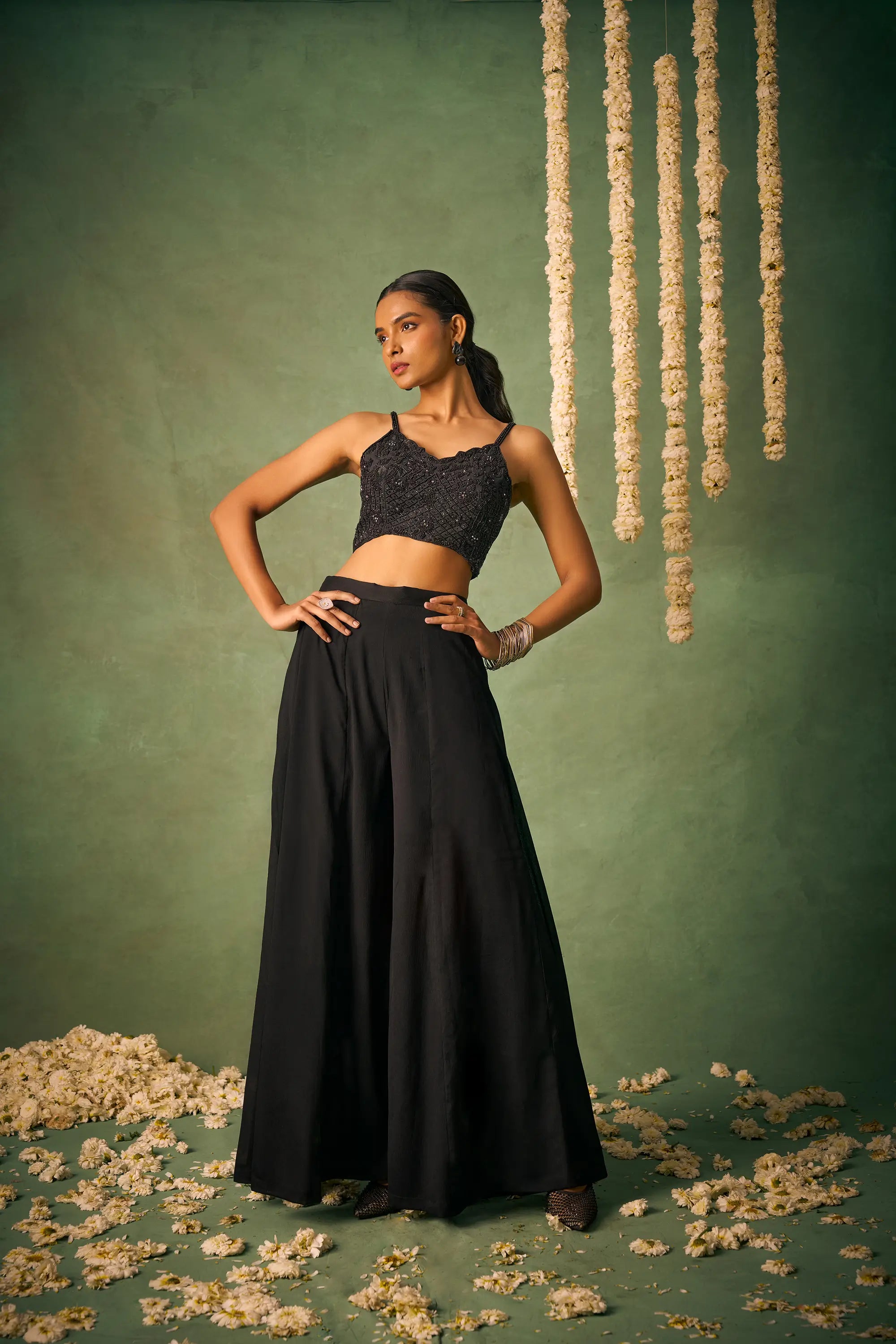 Black Indo Western Khatli Work Blouse With Sharara And Cap - qivii