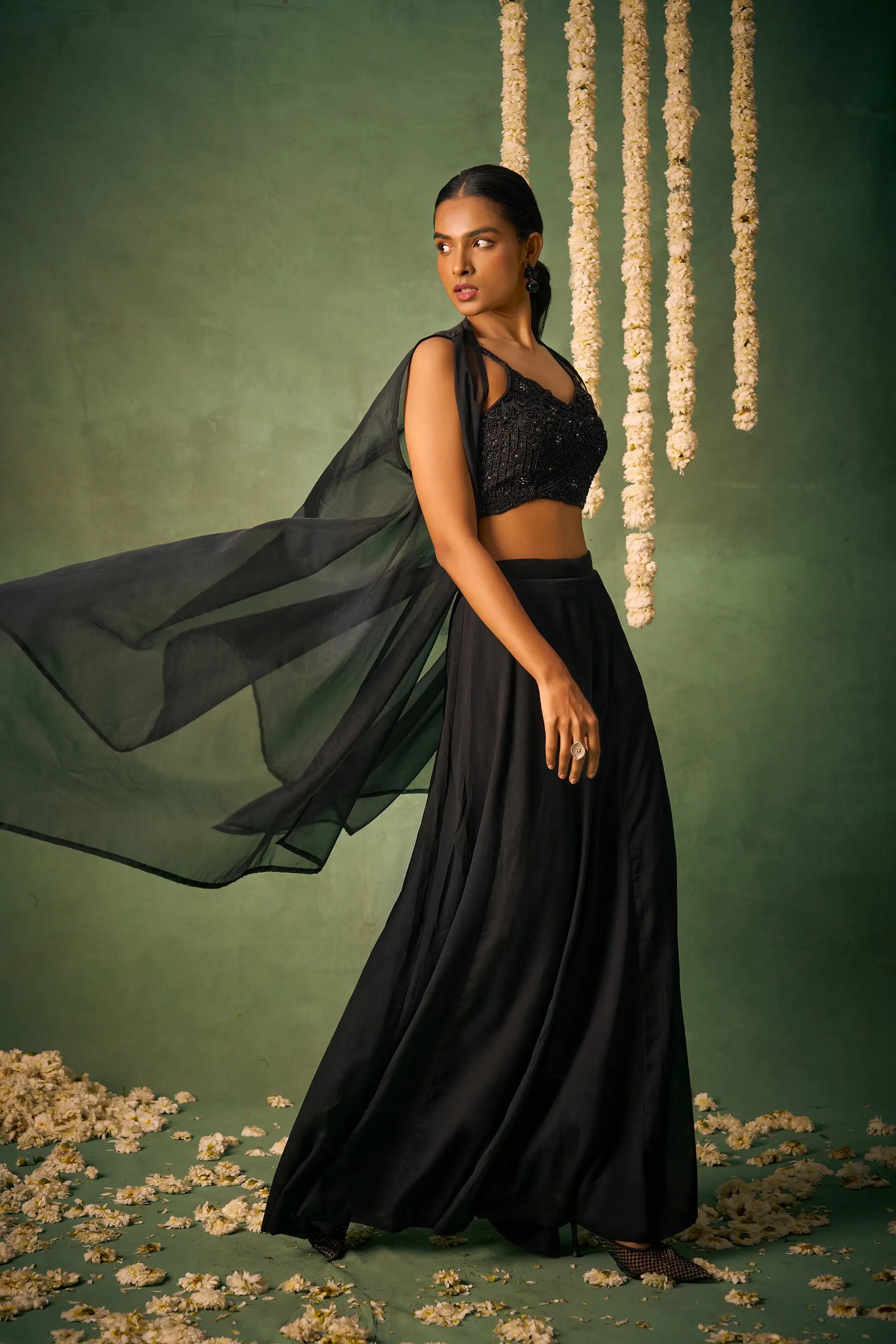 Black Indo Western Khatli Work Blouse With Sharara And Cap - qivii