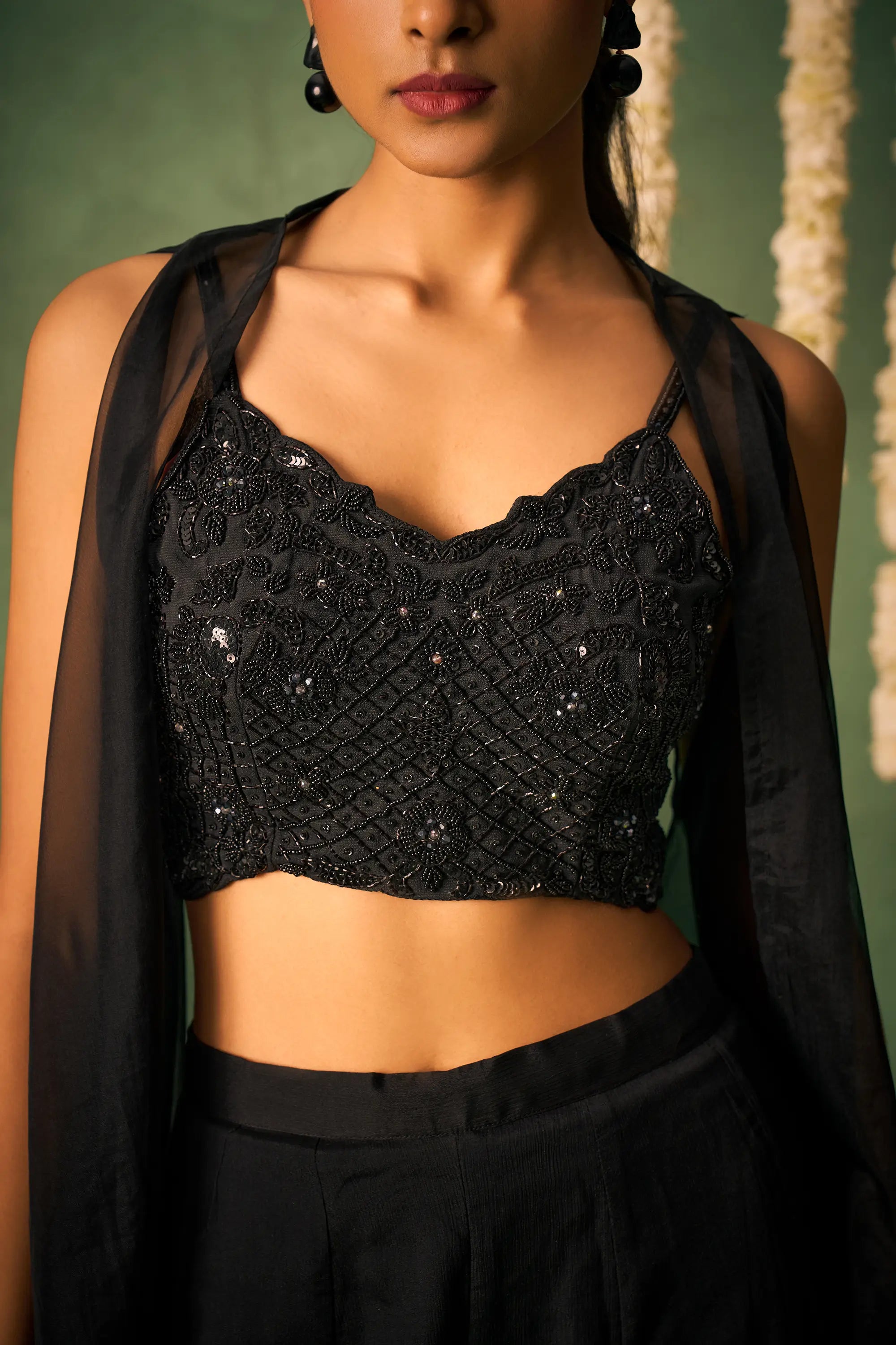 Black Indo Western Khatli Work Blouse With Sharara And Cap - qivii