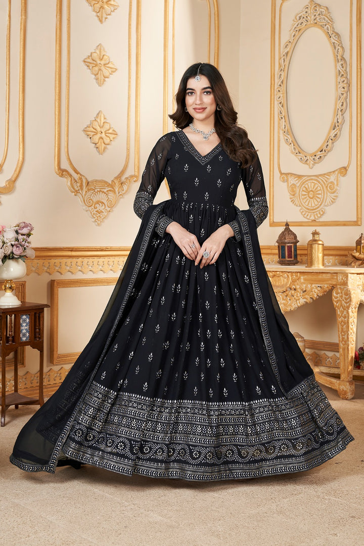 Navy Foil Printed Stitched Full Length Gown with Dupatta