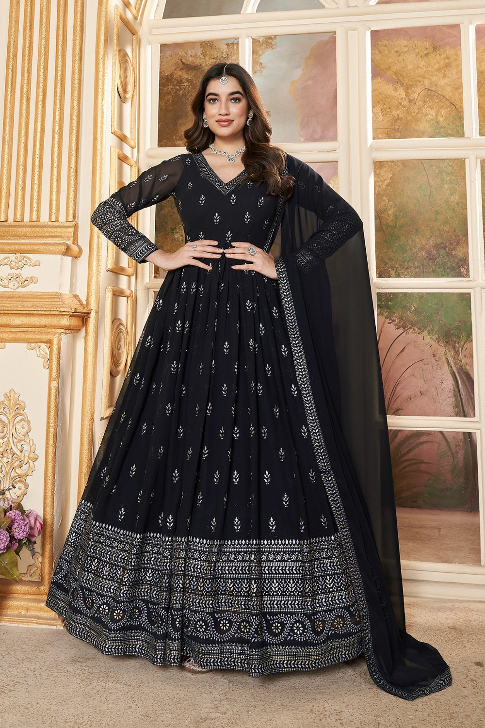 Elegant navy gown with foil print and matching dupatta