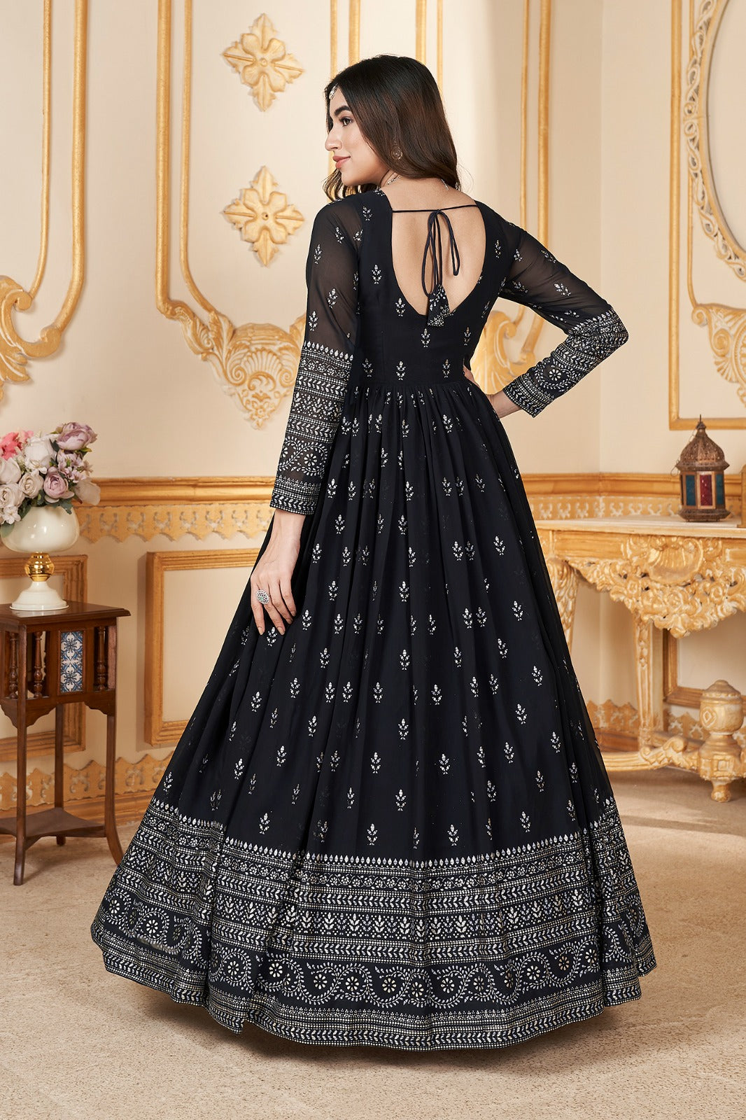 Navy Foil Printed Stitched Full Length Gown with Dupatta