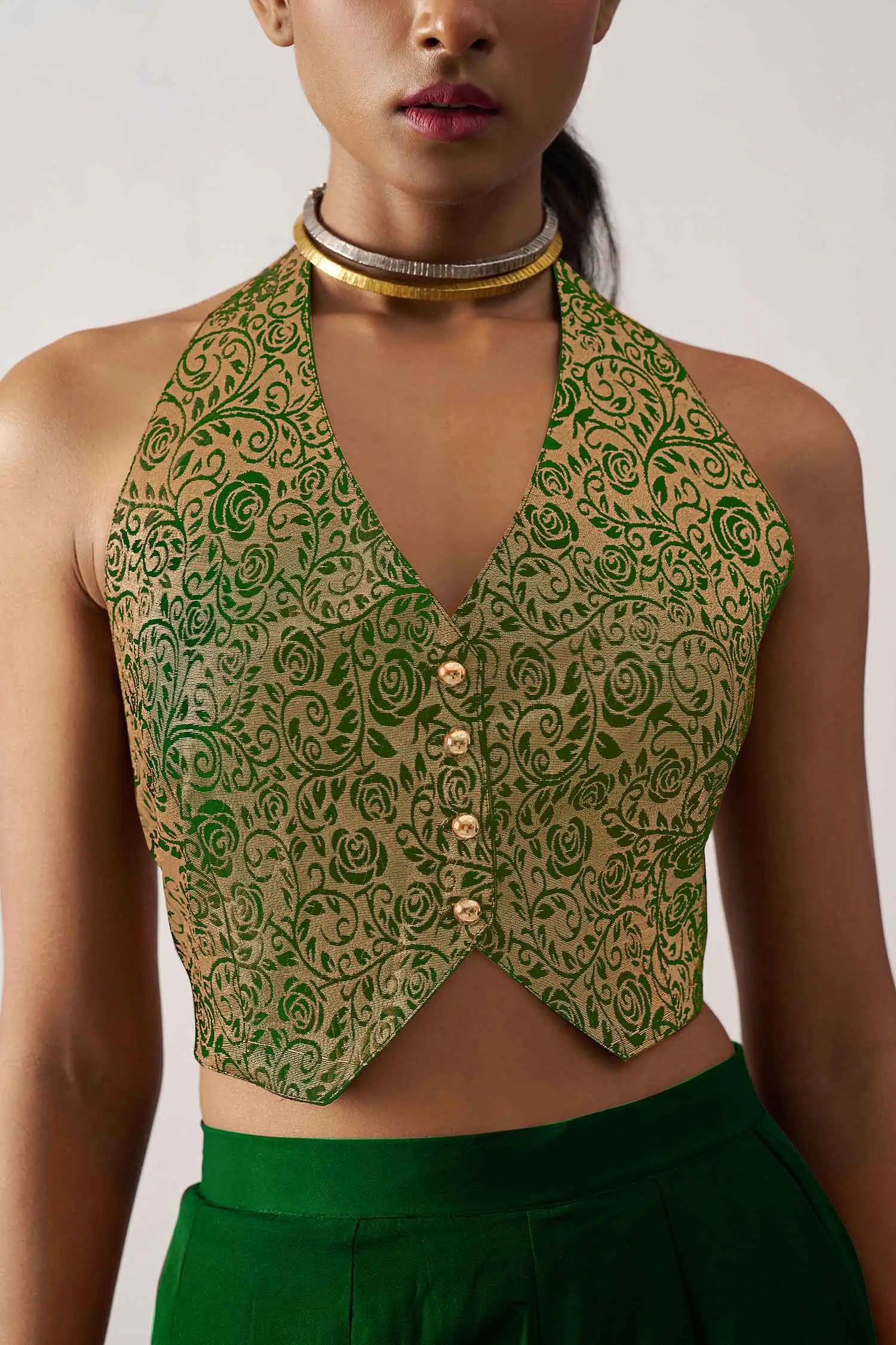 Green Jacquard Waistcoat And Palazzo Indo Western Co-ord Set - qivii