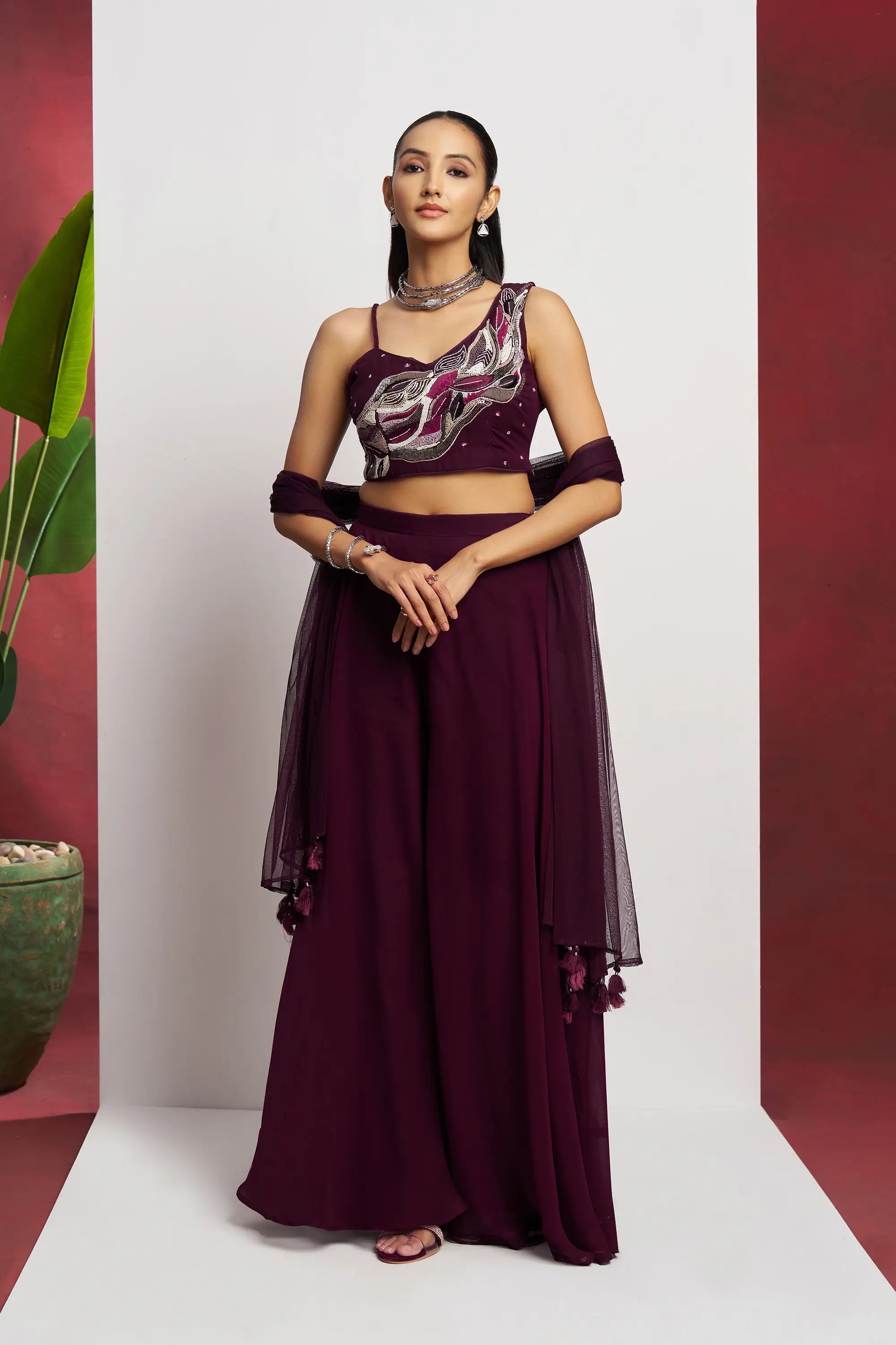 Wine Hand Work Party wear Indo Western Sharara Set With Dupatta - qivii