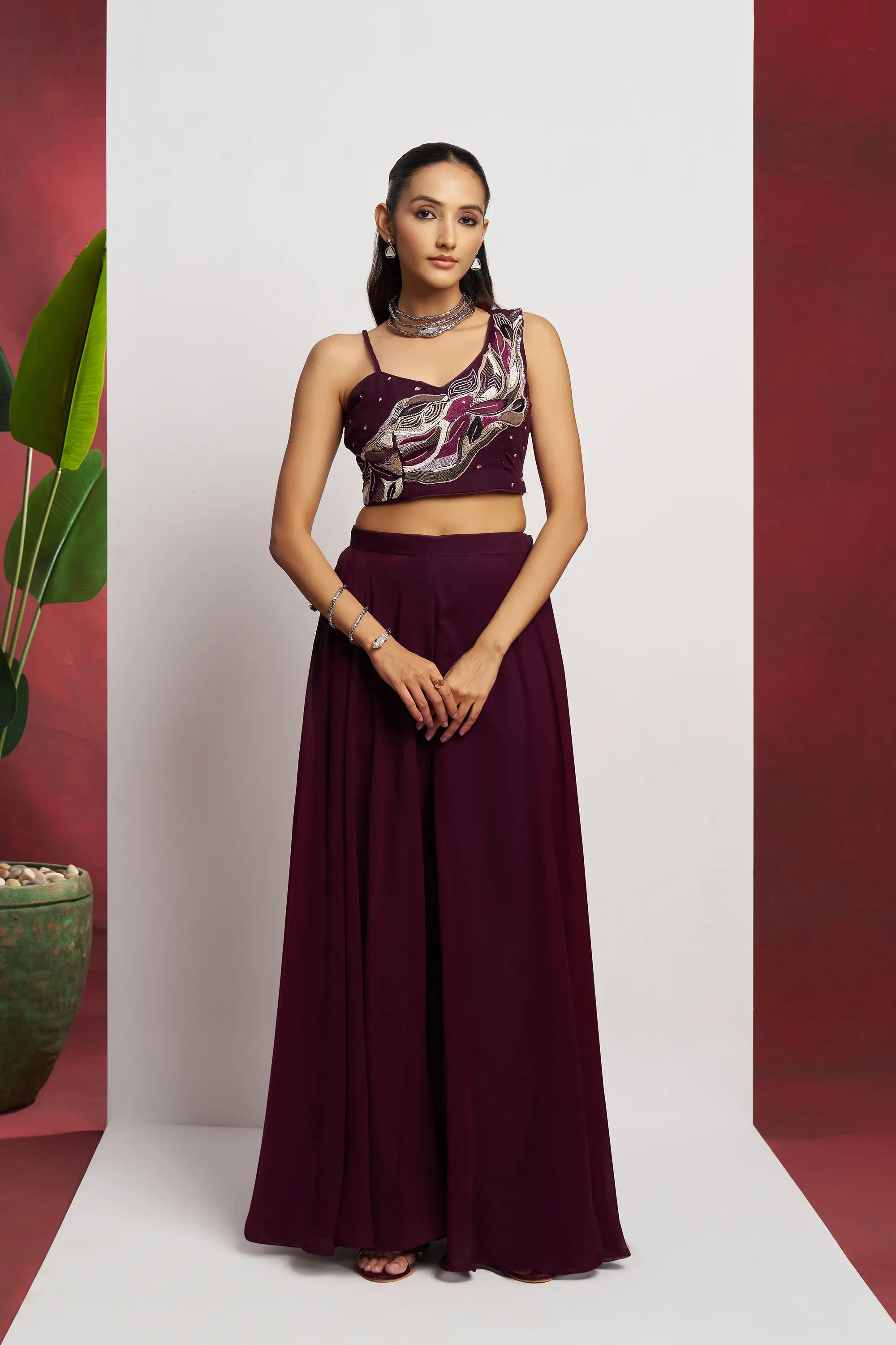 Wine Hand Work Party wear Indo Western Sharara Set With Dupatta - qivii