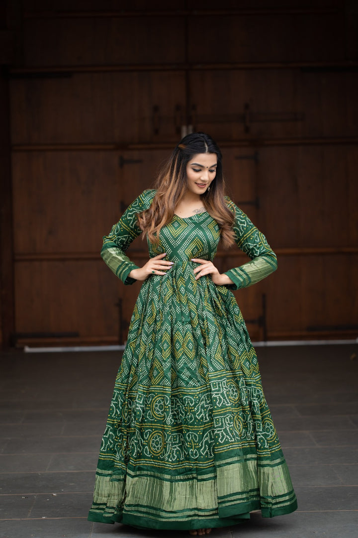 Green Color Gaji Silk Bandhej Print Gown - INSPIRED