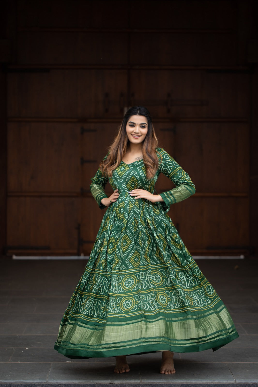 Green Color Gaji Silk Bandhej Print Gown - INSPIRED