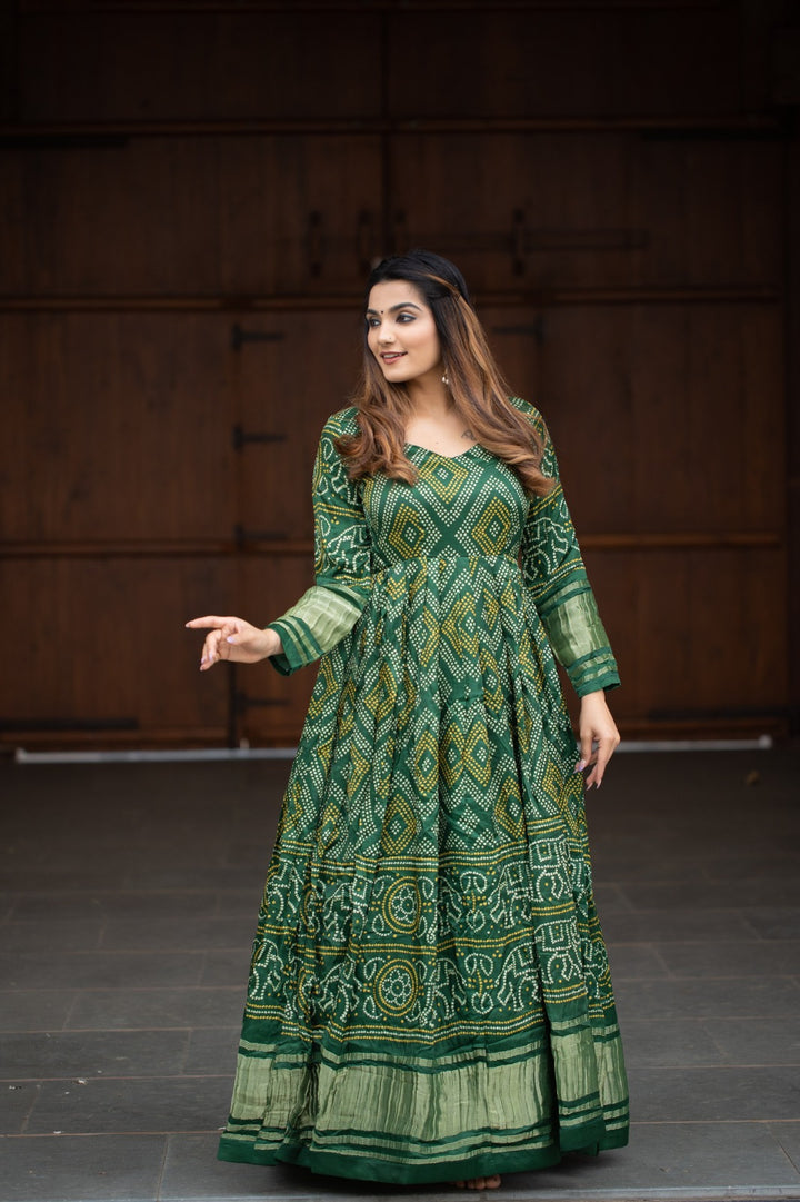 Green Color Gaji Silk Bandhej Print Gown - INSPIRED